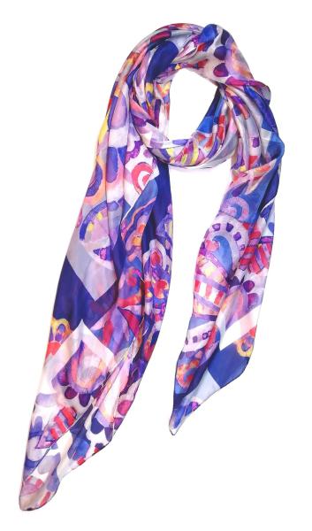 Scarf 100% Silk Paj Festive Colorful Red Blue